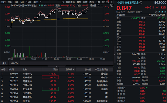 “AI的尽头是光伏和储能”？宁德时代罕见涨超13%！新经济龙头强势，中证100ETF基金（562000）放量涨超1%