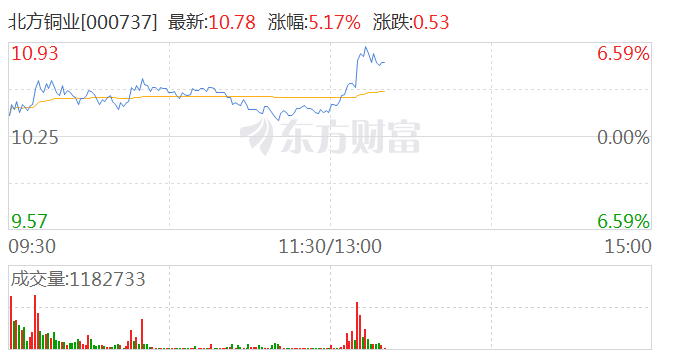 有色金属板块震荡走强 北方铜业涨超5%