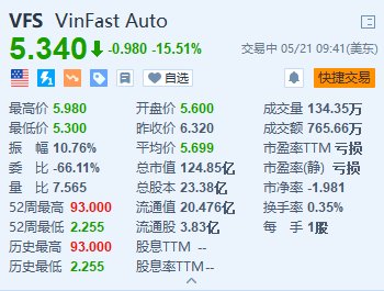 VinFast跌15.5% 美国NHTSA调查加州车祸事故