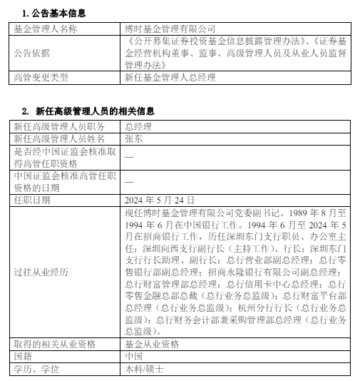 博时基金新任张东为总经理  曾任职于中国银行、招商银行