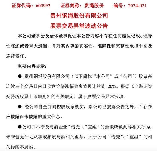 连拉两个涨停后 贵绳股份再次否认习酒借壳传闻