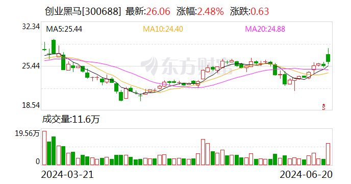 创业黑马：6月20日回购股份113700股