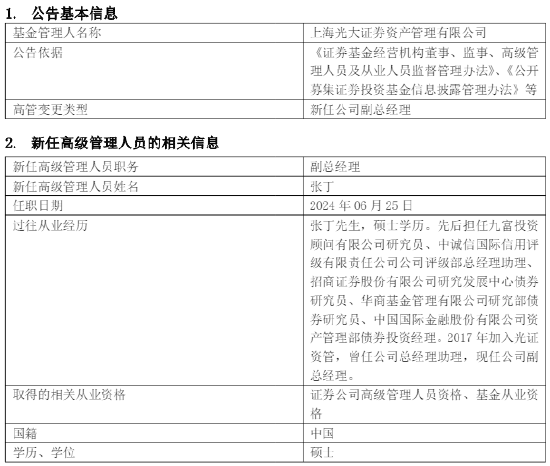 光证资管新任张丁为副总经理 曾任职于华商基金、中金公司