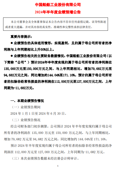 中国船舶：预计上半年净利润同比增长144%-171%