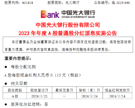 光大银行：7月24日派发A股每股现金红利人民币0.173元