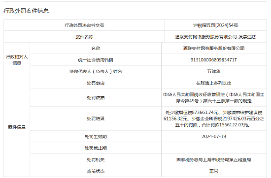 因在账簿上多列支出，通联支付被罚超156万元