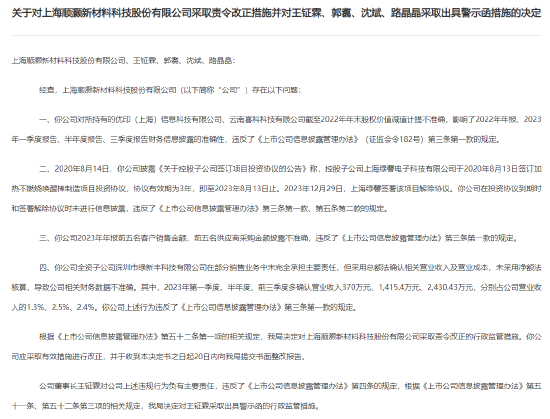 顺灏新材及其董事长王钲霖收到上海证监局警示函，股权价值减值计提不准确、投资项目信息披露缺失等4大问题