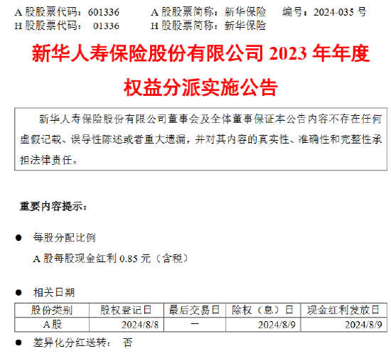 新华保险：8月9日A股每股派发现金红利0.85元